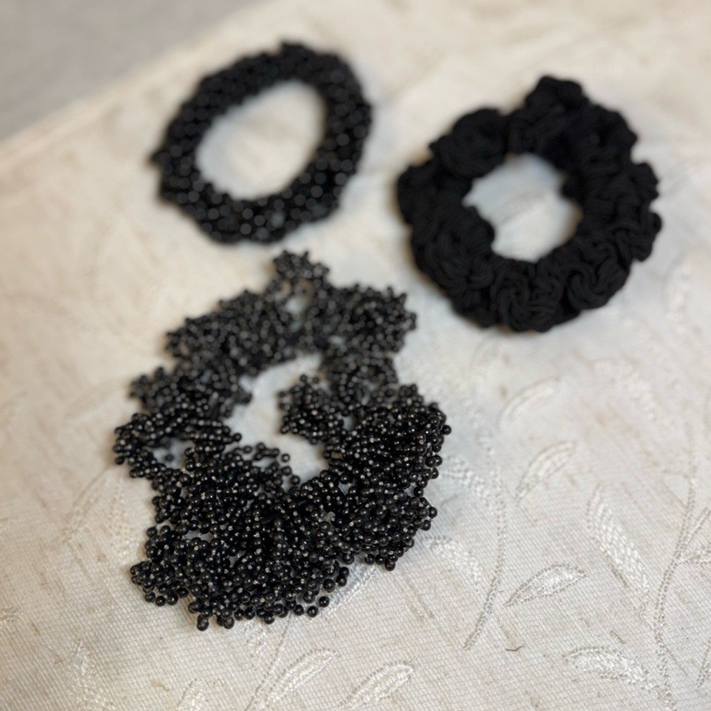LELET NY Designer Hair Set: 3pc Black Beaded & Hand-Knotted Luxury Scrunchies