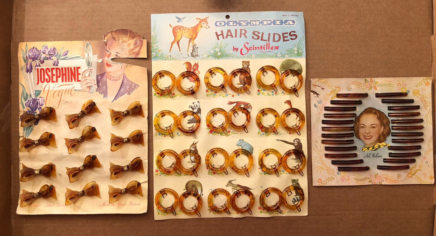 Vintage 1940’s Hair Barrette Store Display Cards 3 Complete England Dead Stock