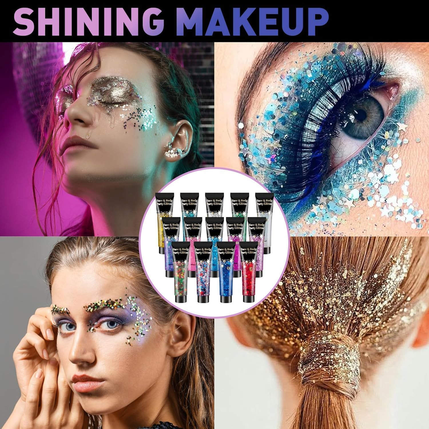 6Pcs Red White Blue Hair Glitter Stick, 4 Styles Face & Body Glitter | Waterproo
