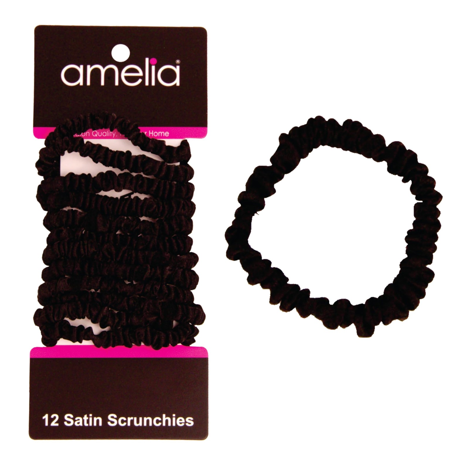 Amelia Beauty, Black, Skinny Satin Scrunchies, 12 Pack – 2in Diameter, Gentle…