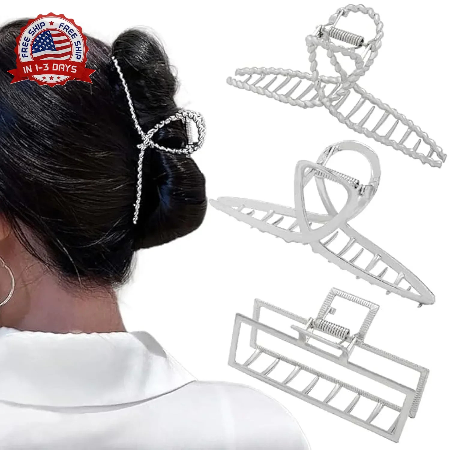 3pcs Hair Claw clips for Women, Metal Silver Large Hair clips for Thick Thin Hai