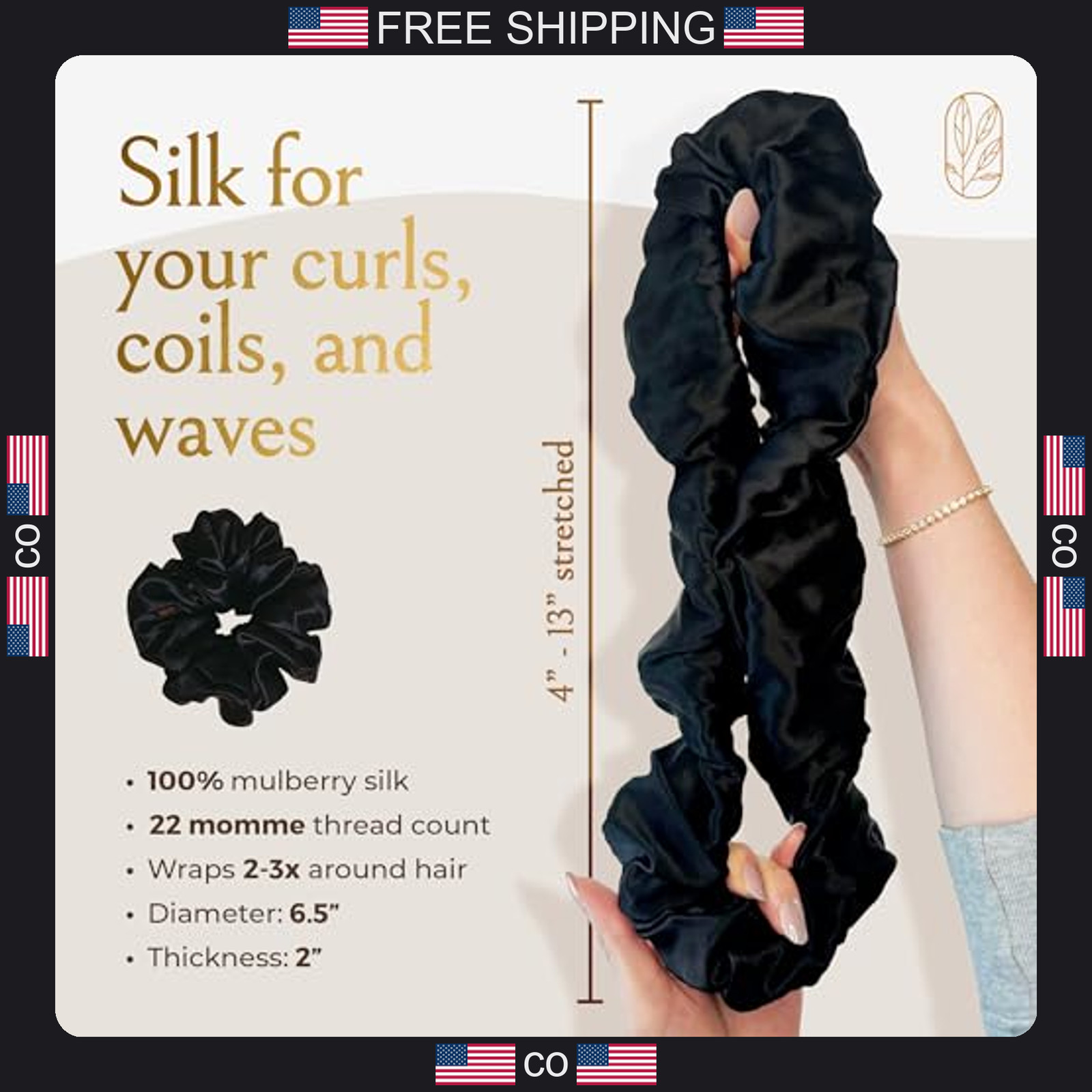 Silk Oversized Scrunchies for Curly Thick Hair Black