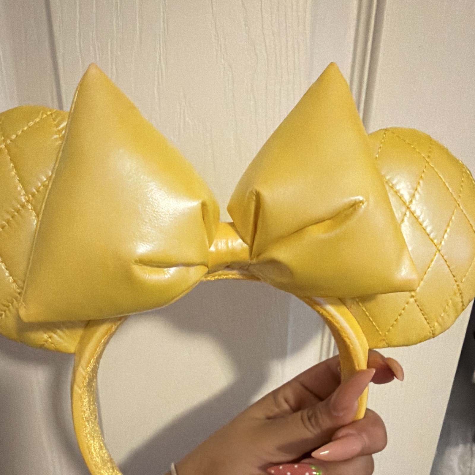 Minnie Mouse Ears Headband Faux Leather Yellow Quilted Bow Padded