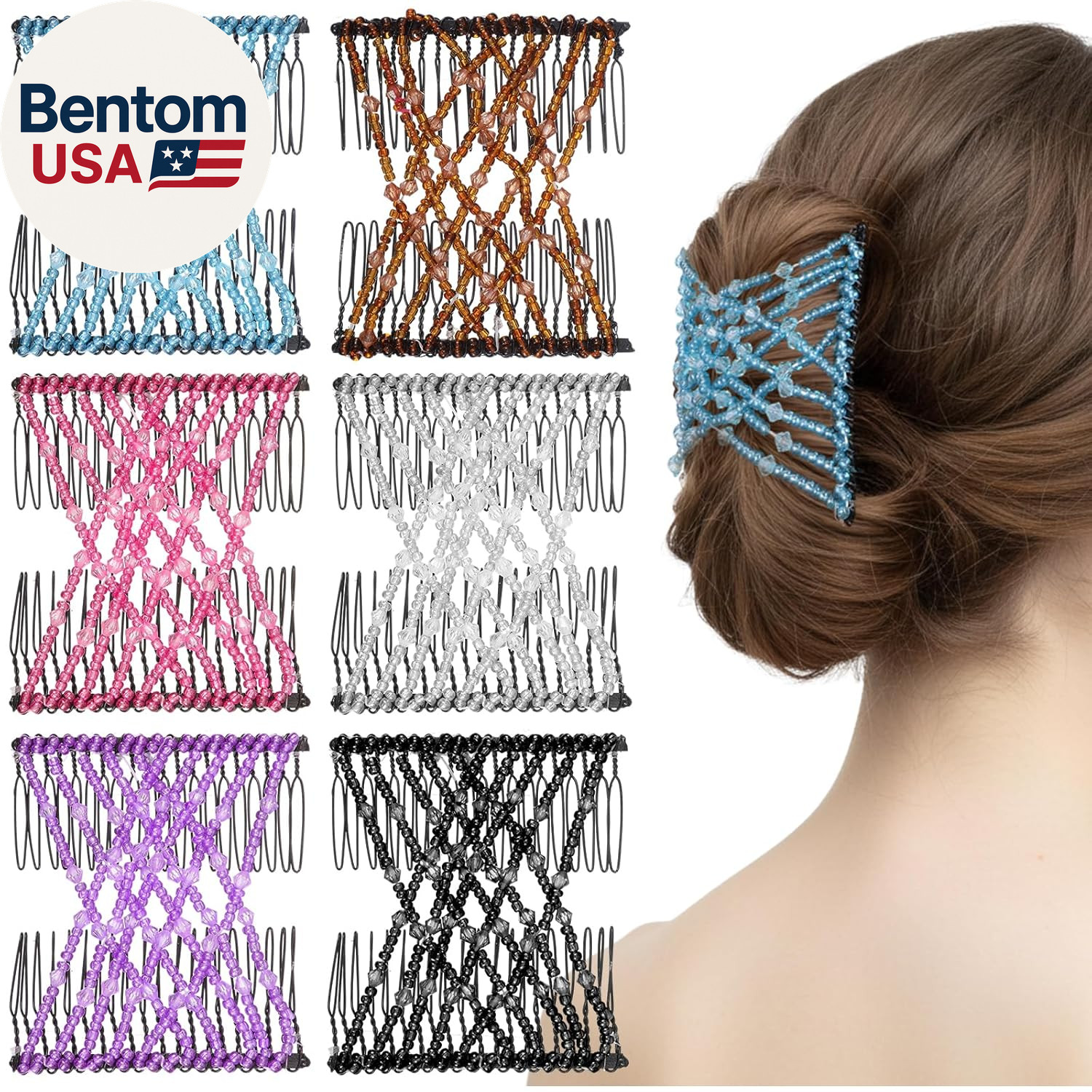 6Pcs Magic Hair Comb Stretchy Hair Clip Adjustable Beaded Hairpins Elastic No Cr