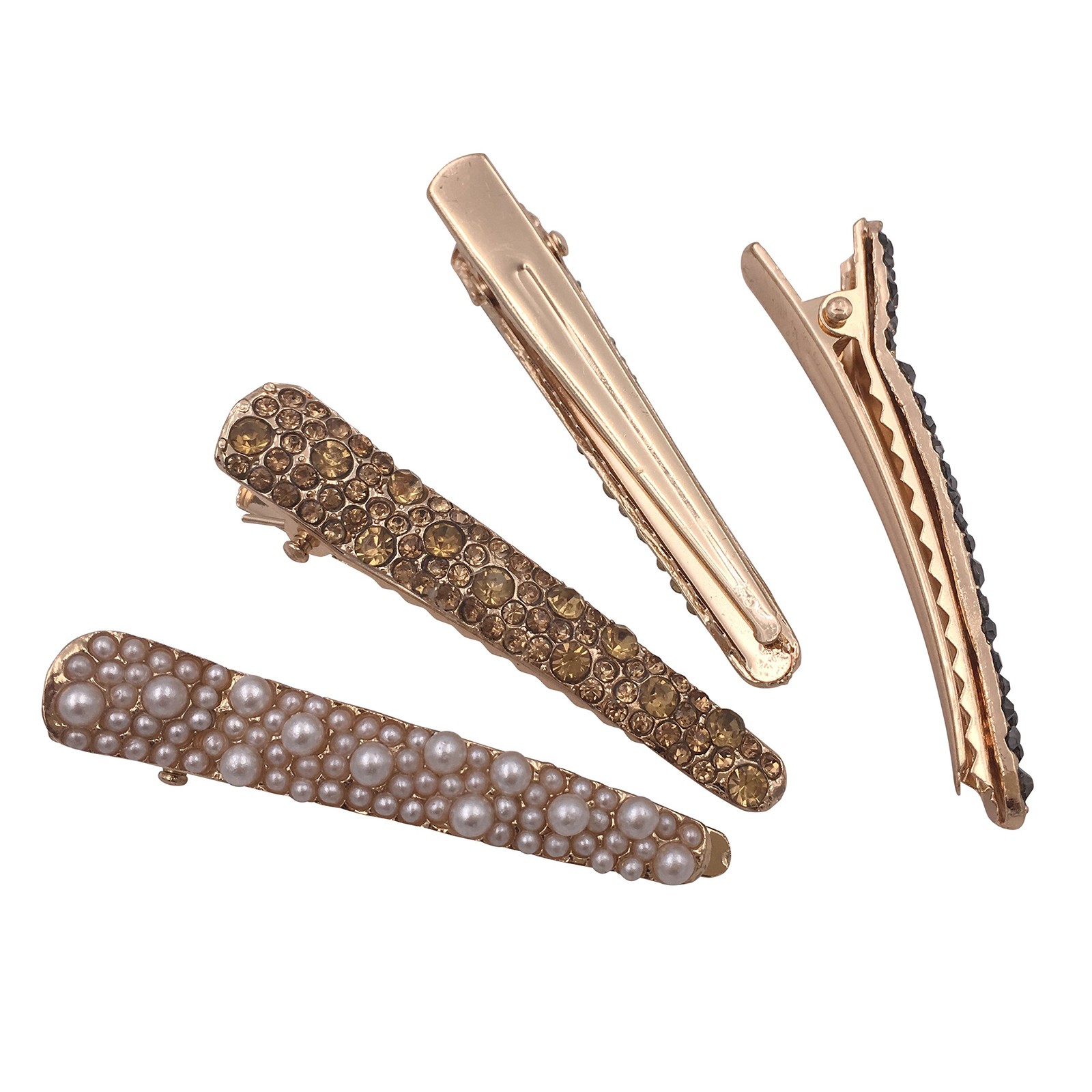 4 Gold Tone Rhinestone Crystal Pearl Beak Duckbill Alligator Clip Pin Hair