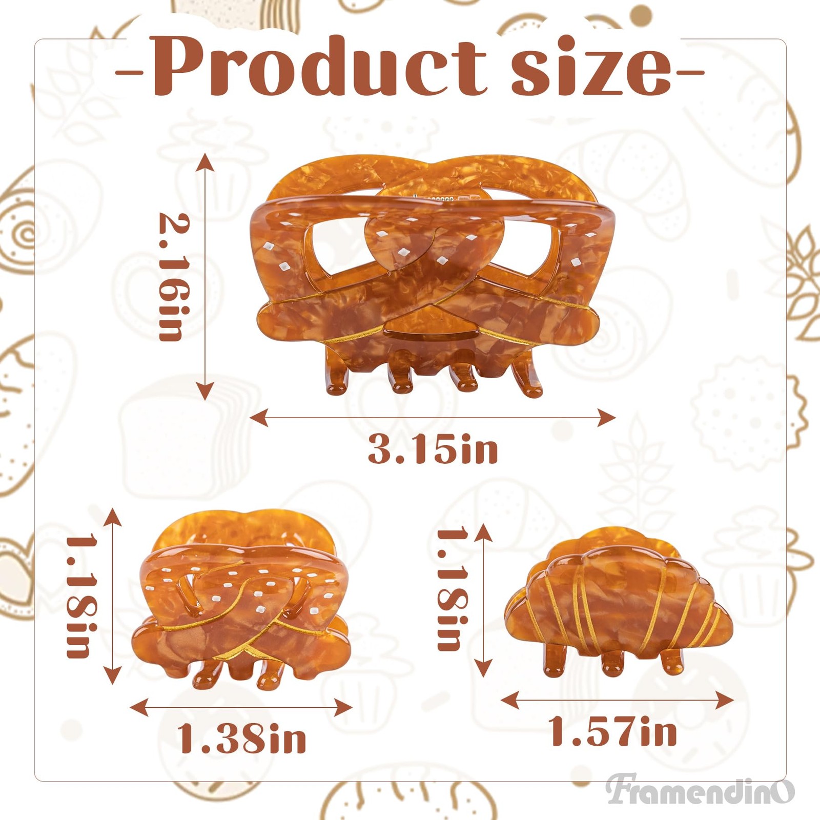 Framendino, 3 Pack Bread Hair Claw Clips Funny 1 Count (Pack of 3), Brown