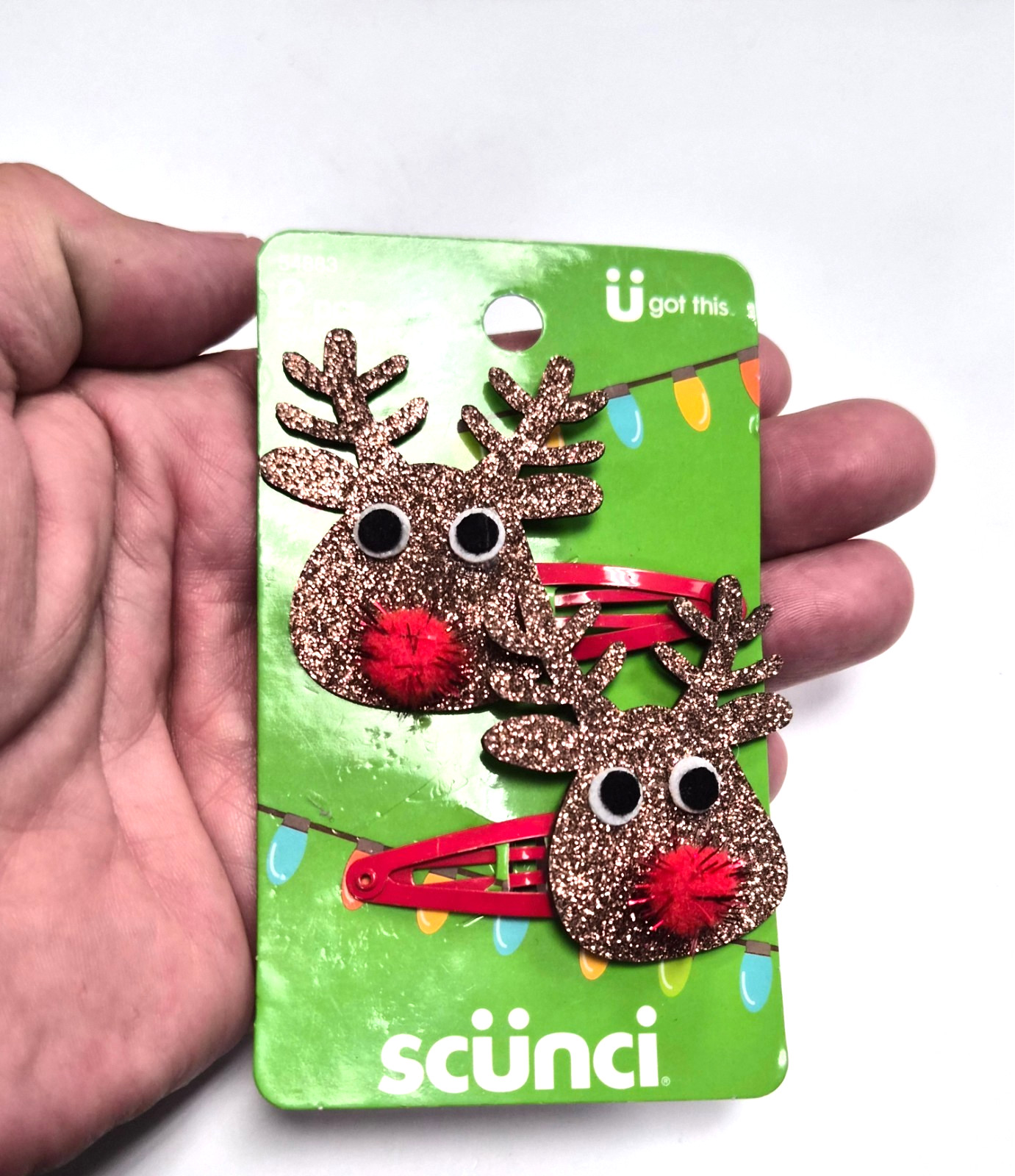 Estate NOS Scunci 2 pc Holiday Christmas Snap Hair Clips Rudolph the Reindeer