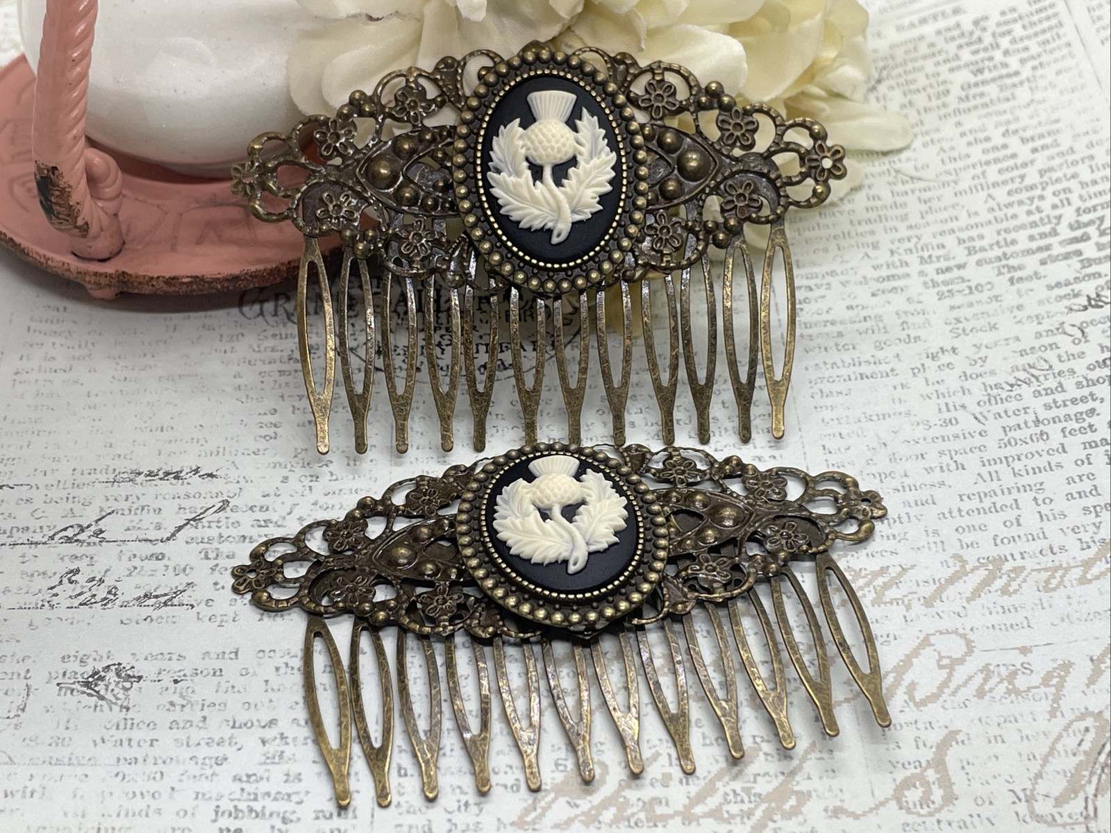 Pair of Bronze Barrette Jewelry Hair Comb Cameo Thistle Scottish Irish Celtic