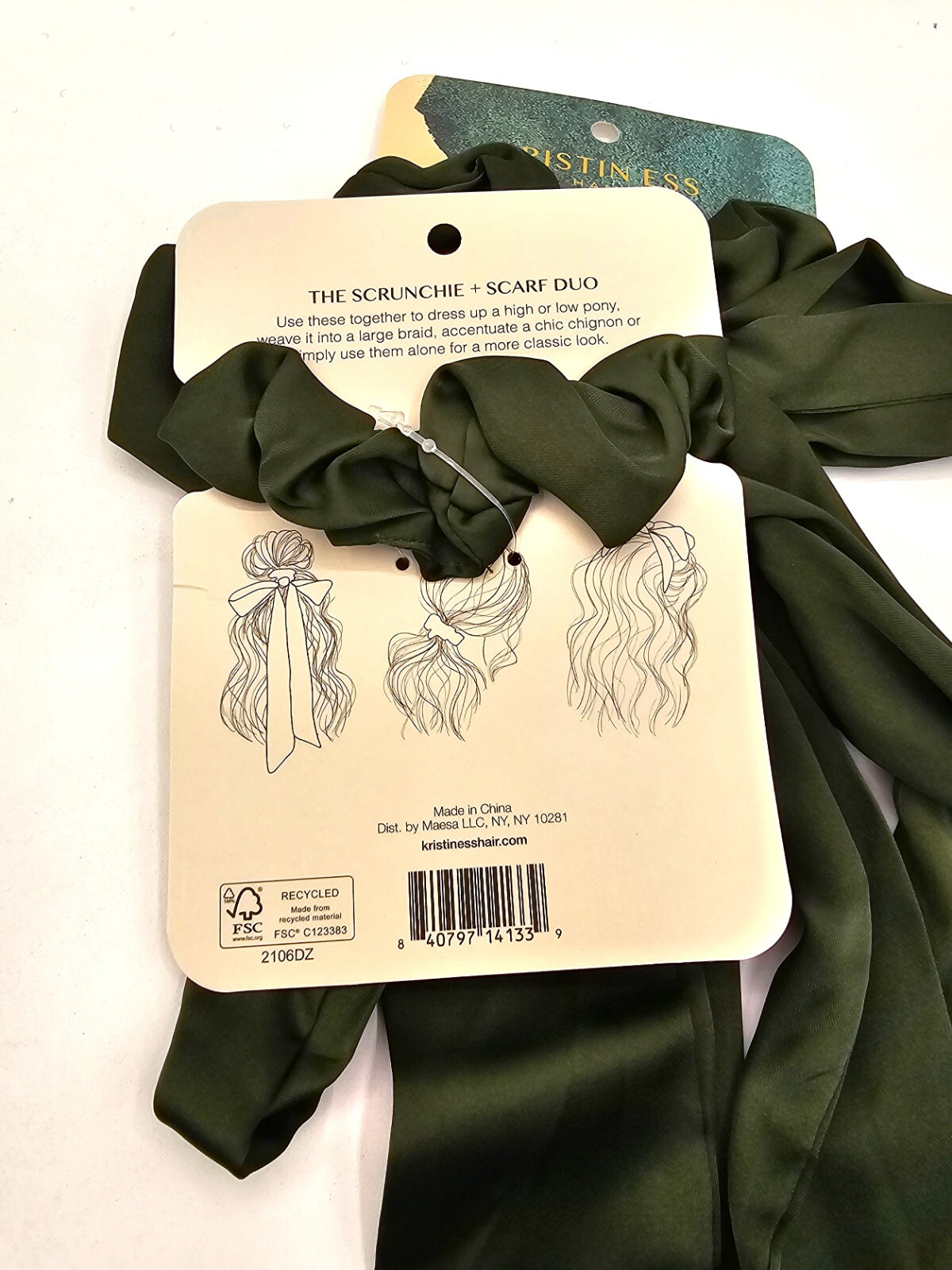 Kristin Ess Satin Hair Scrunchie and Scarf Set, Emerald – 2 Pk. New!