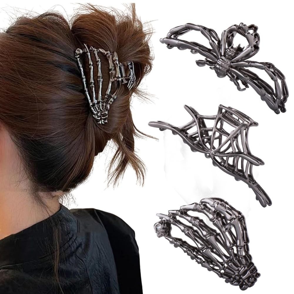 3PCS Black Spider Web Skeleton Hand Skull Hair Claw Clips for Women And Girls