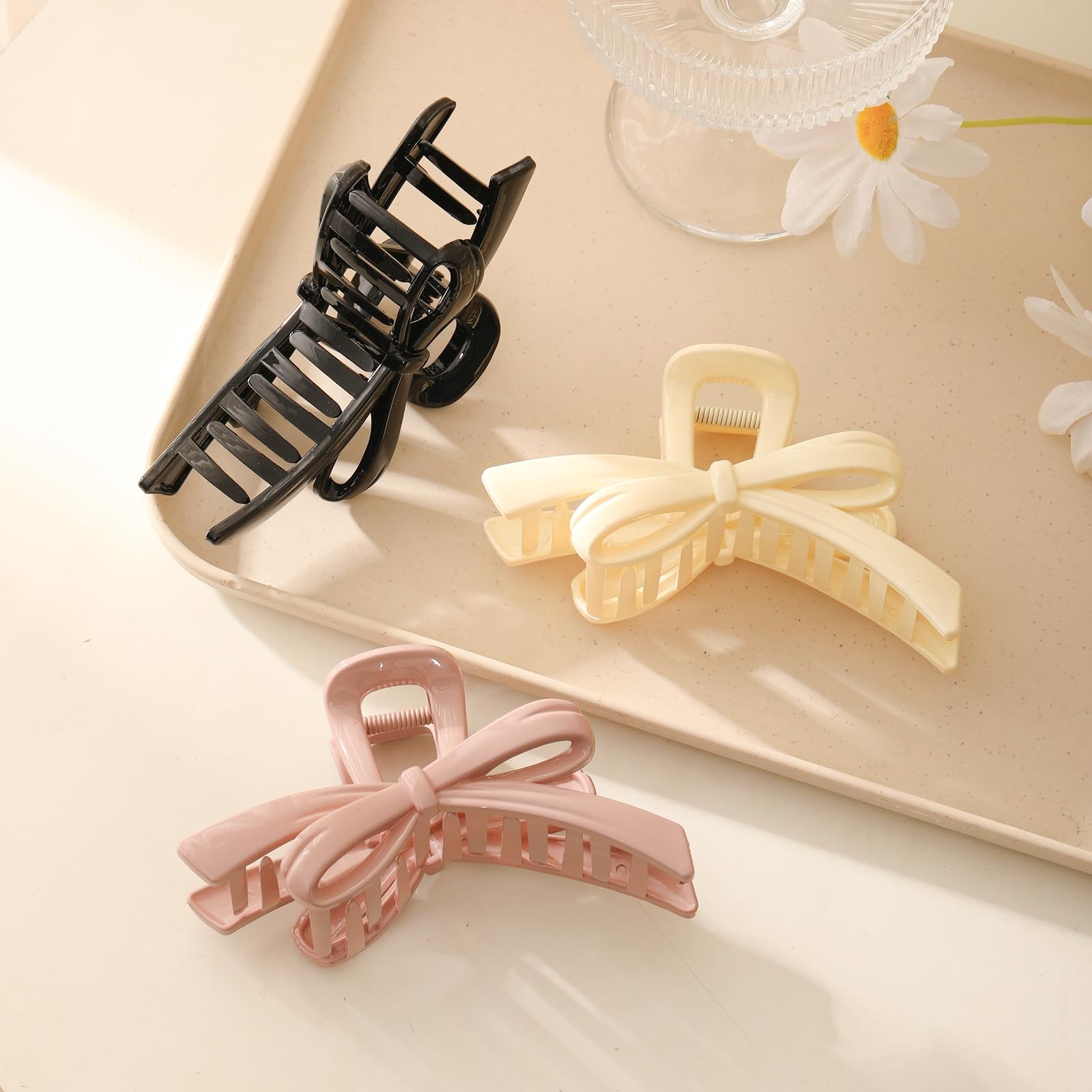 3PCS Bow Hair Clips for Women, Cute Claw Clip, Non-Slip Black White Pink