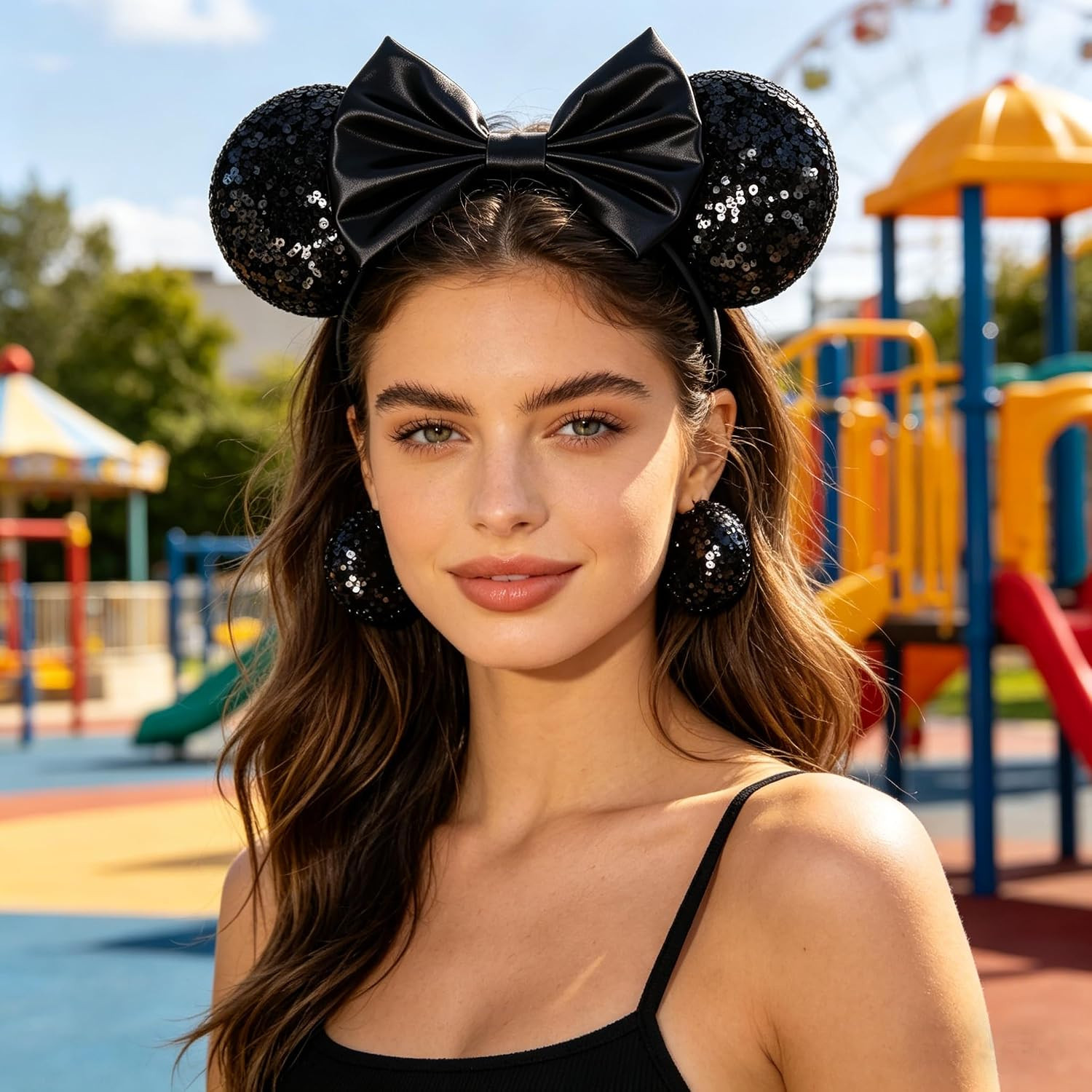 Mouse Ears Headband – Velvet Hair Bow Headwear with Sparkle Sequins