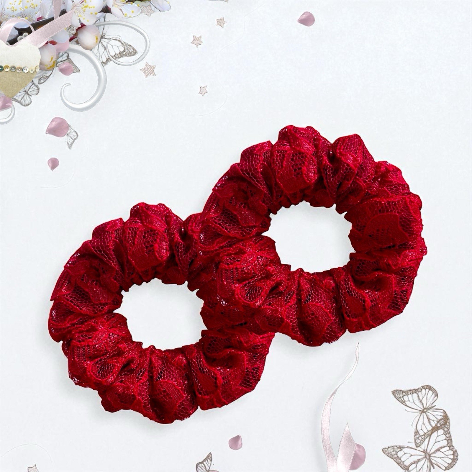 Red Cotton and Lace Hair Scrunchies Set of 2 Women Hair Accessories Hair Ties