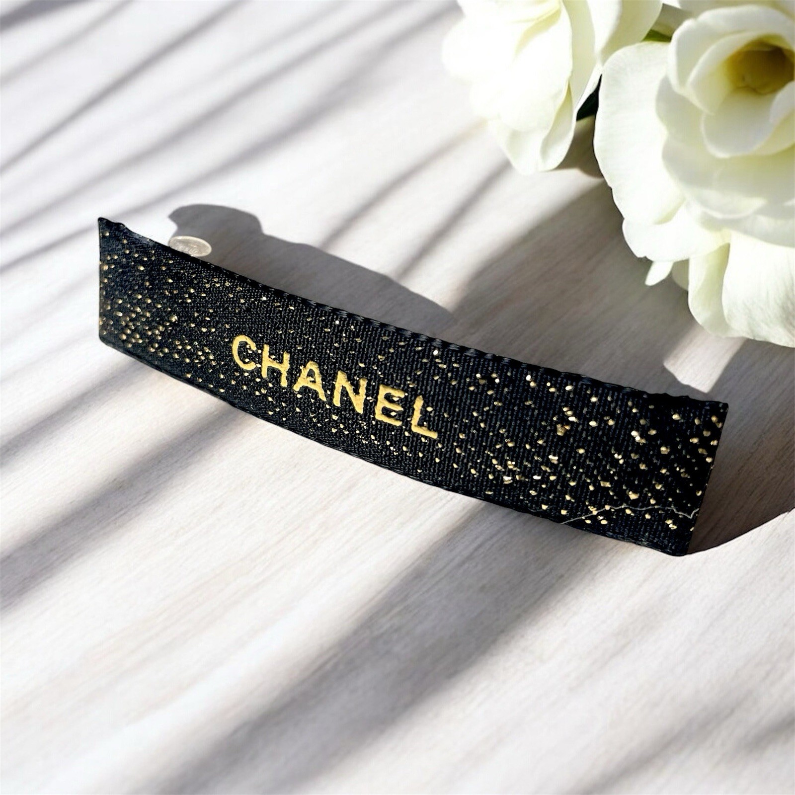 Chanel Christmas Red and Gold, Black And Gold metallic glitter ribbon gift