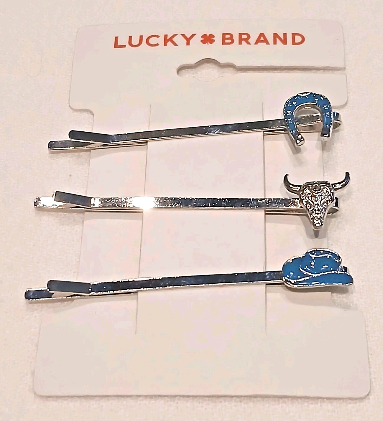 LUCKY BRAND WESTERN COWGIRL HAIR PINS SET OF 3 HORSESHOE, HAT, COW SKULL