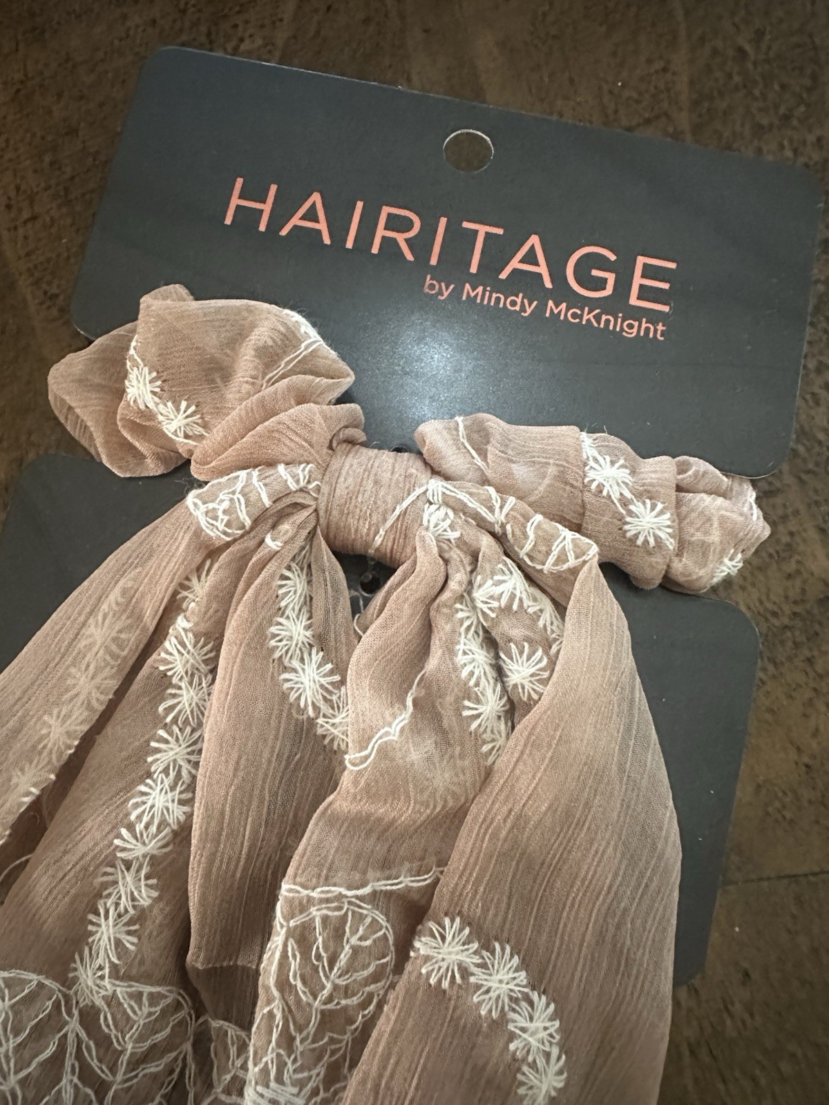Heritage tan nude/cream embroidered bow hair scrunchie new boho hair tie