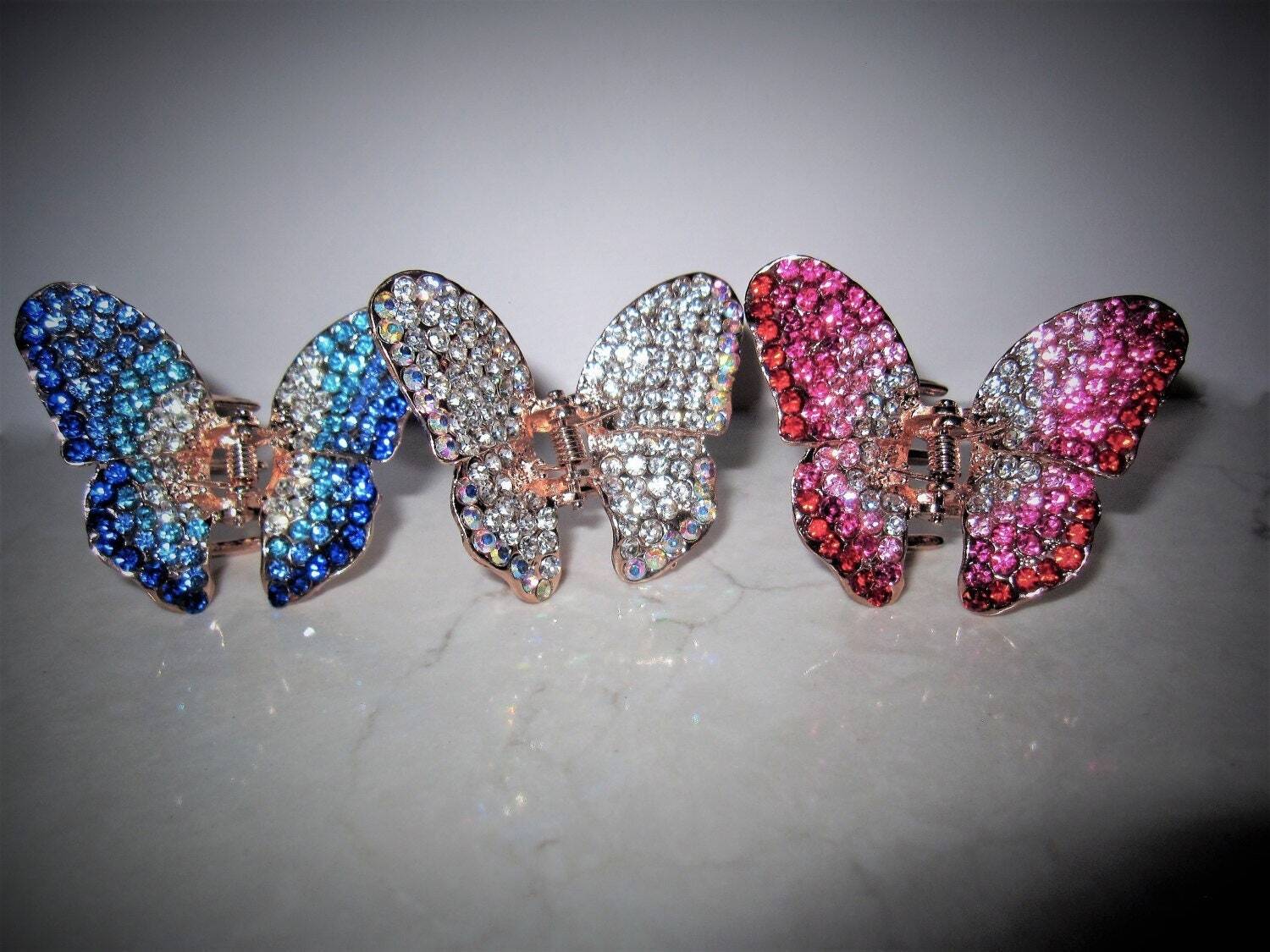 Gold metal butterfly blue, pink, purple or clear crystal hair claw clip bridal