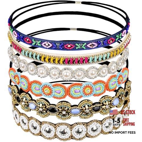 6CS Elastic Headbands for Women, Rhinestone Beaded Women Headbands, Vintage