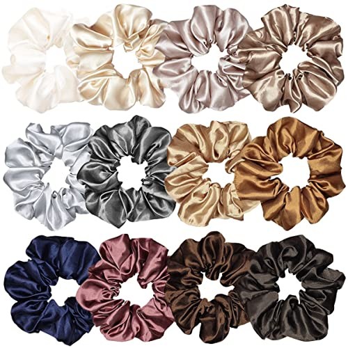 12 Pcs Satin Silk Scrunchies Soft 1 Count (Pack of 12) Assorted Multi-color