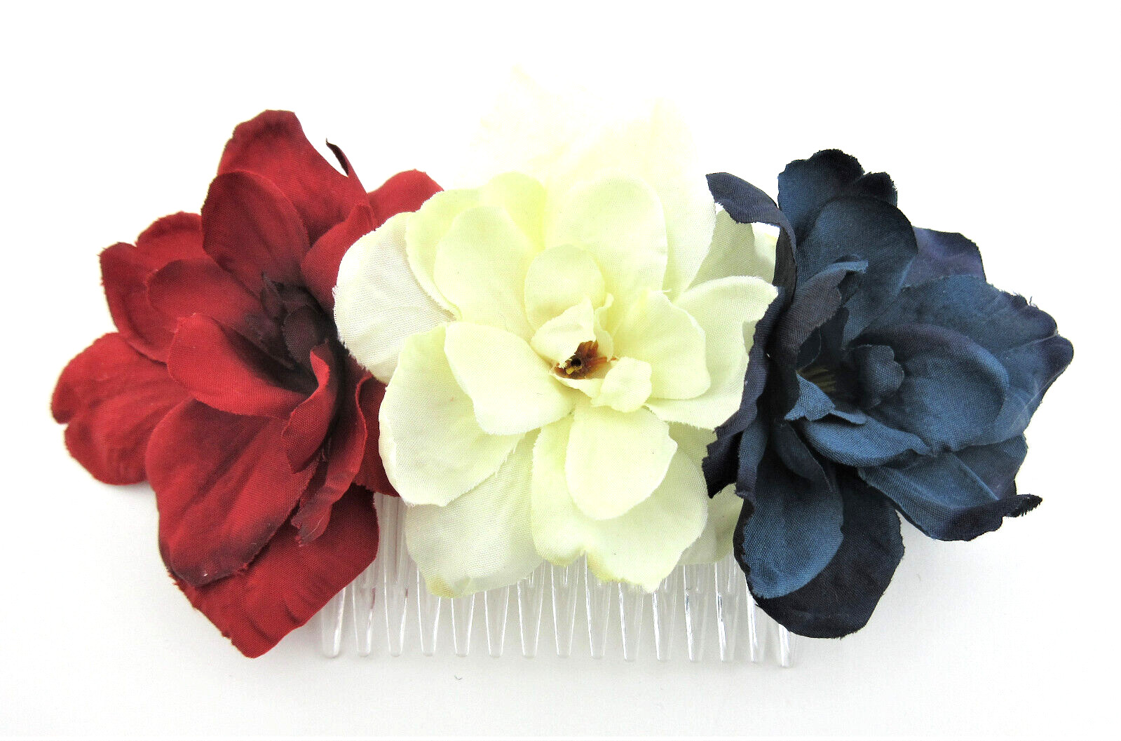 Triple Red White Blue Apple Blossom Silk Flowers Hair Comb