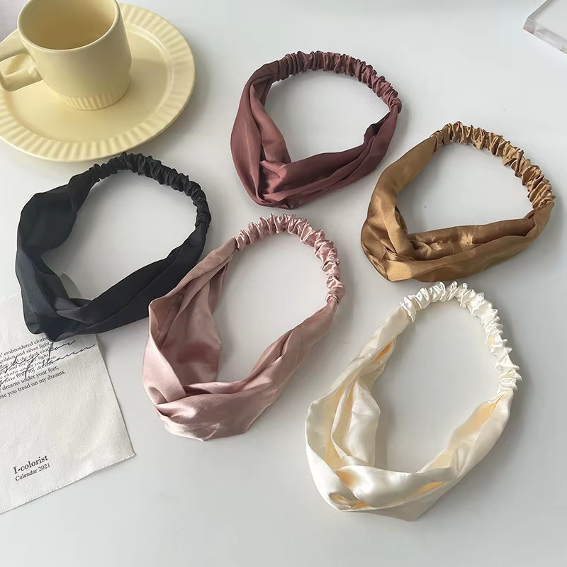 Satin Silk Solid Cross Top Knot Headband Elastic Hair Band Women Girls Scrunchie