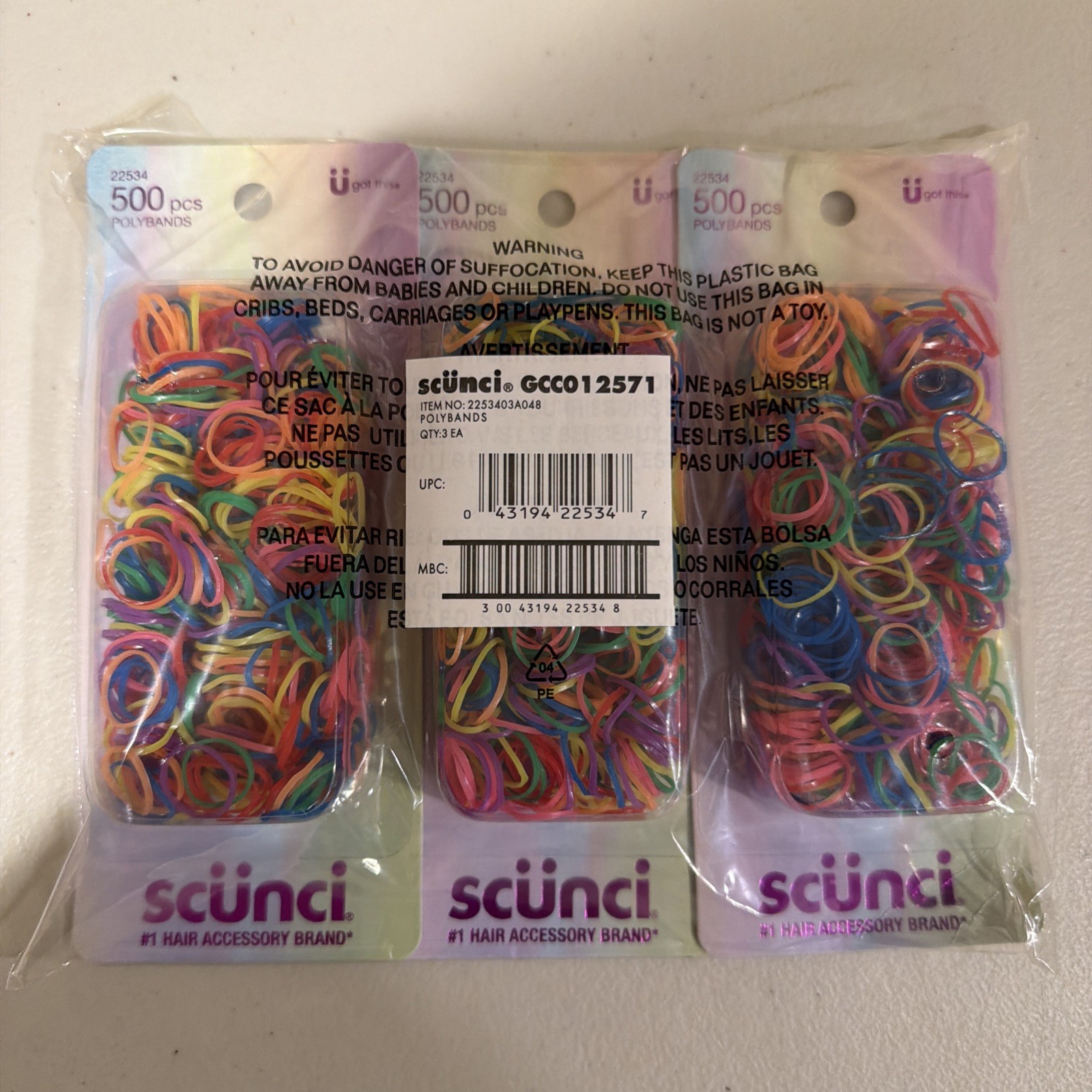 Brand New Sealed Pack Of 3 Scunci Polybands, 500 Ct