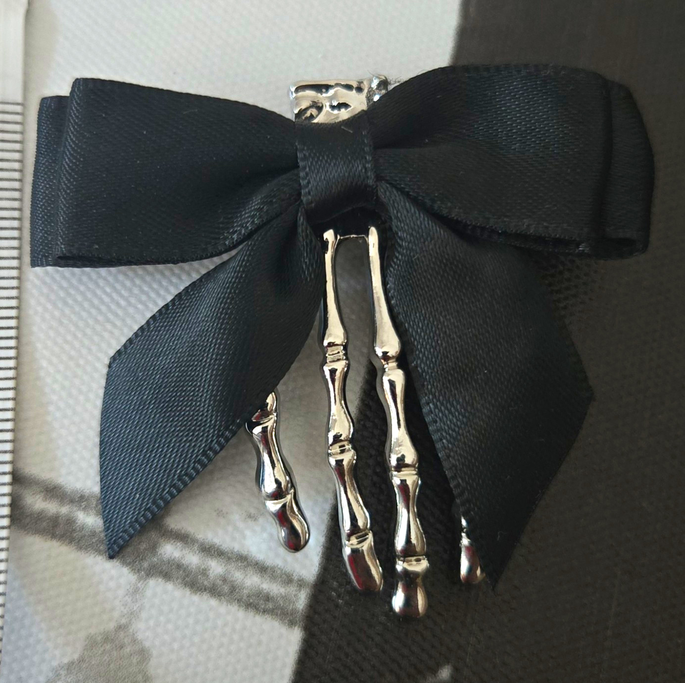 Gothic Black Bow Barrette Hair Clip w/ Silver Hand Charm, Metal Fabric