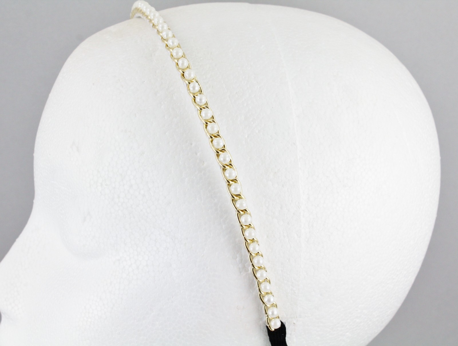 White faux pearl headband gold chain link thin skinny hair band accessory