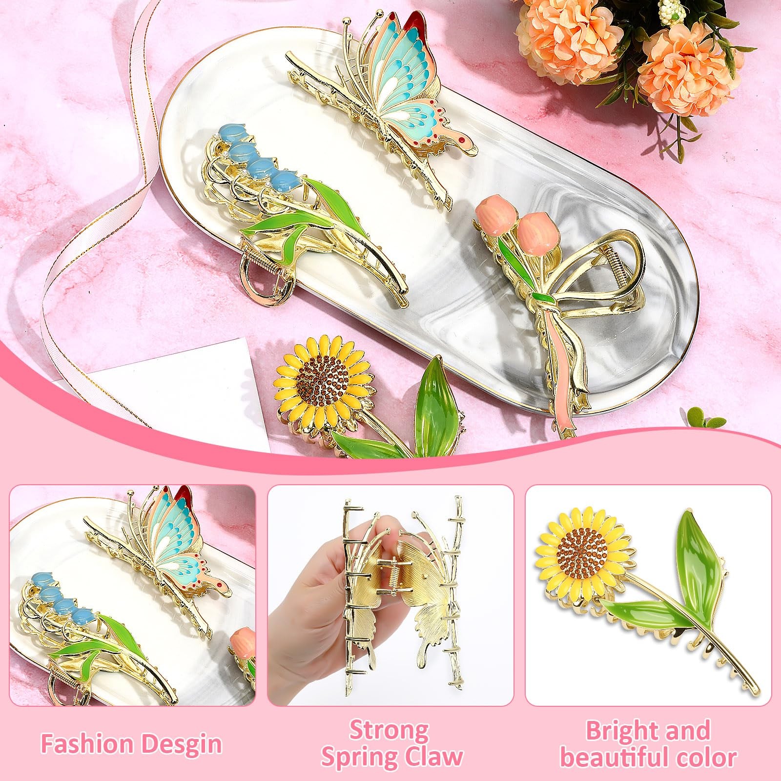 kaiolbly Flower Butterfly Metal Hair Claw 1 Count (Pack of 4), Multicolor