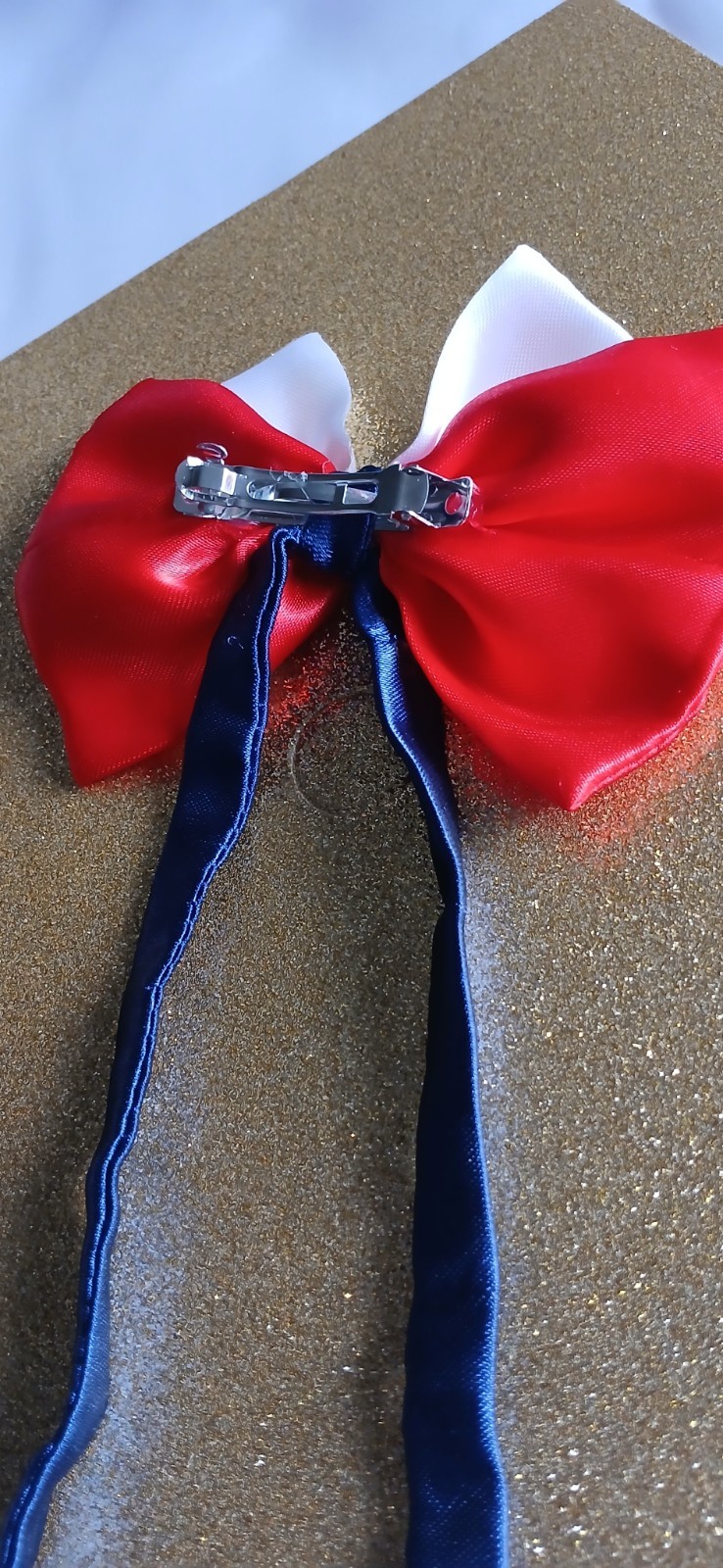 Set of 2 Red & White Satin Bow Hair Clip Barrettes w/ Long Blue Ribbon Tails