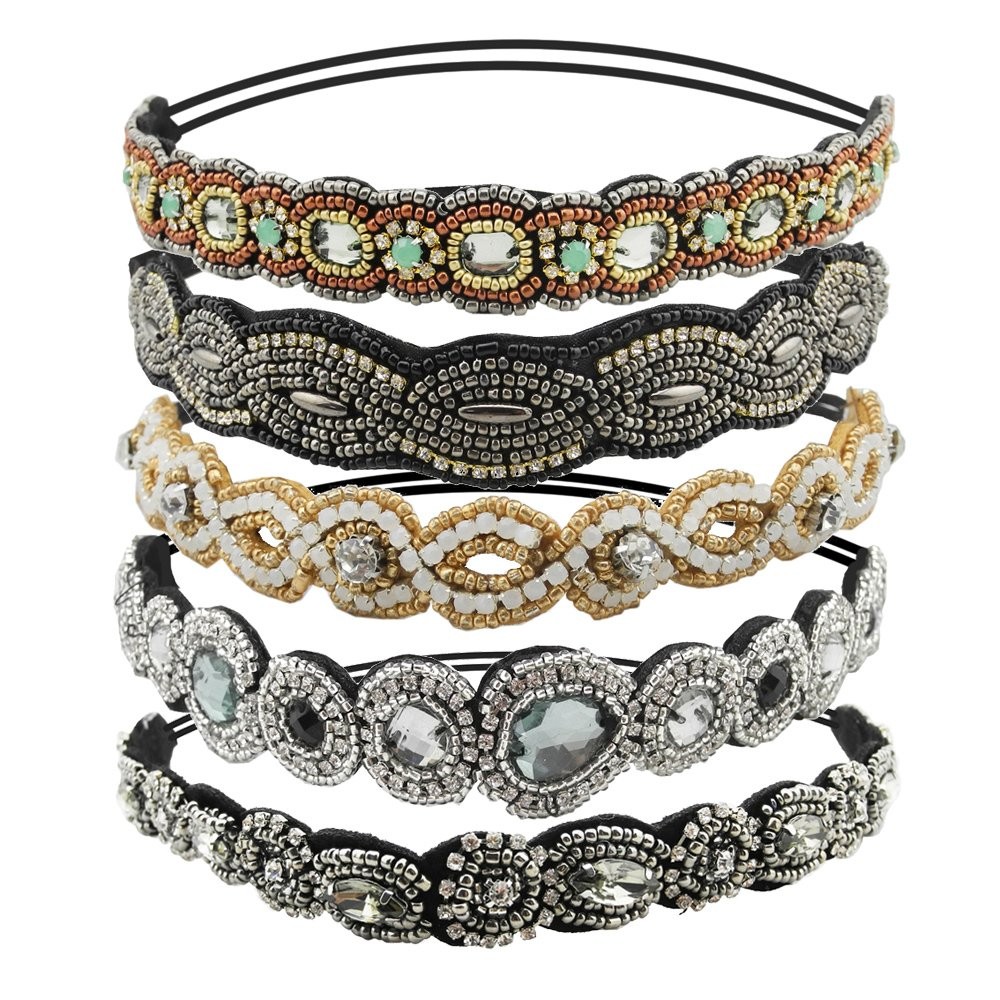 5 Count Beaded Elastic Headband, Fashionable Handmade Beading Hairbands for L…