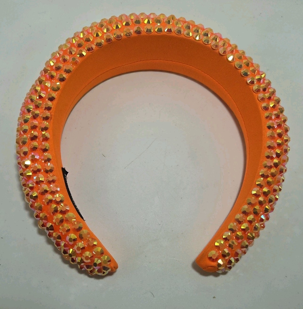 Neon Orange Padded Fabric Headband Hair Accessory W/Rhinestone Bling Handmade