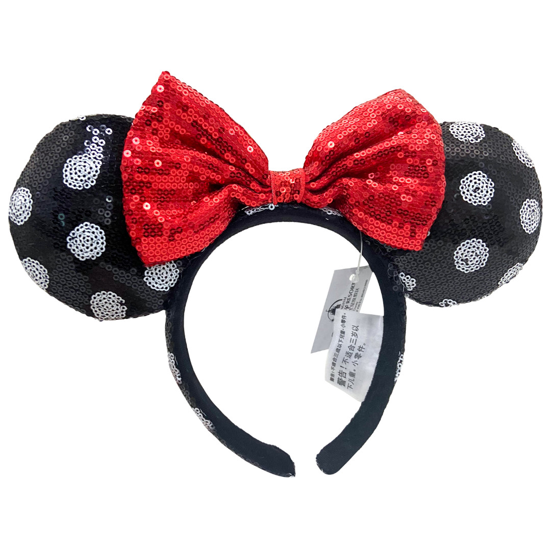 Disney-Parks Minnie Mouse Sequined Black White Polka Dot Red Bow Ears Headband-