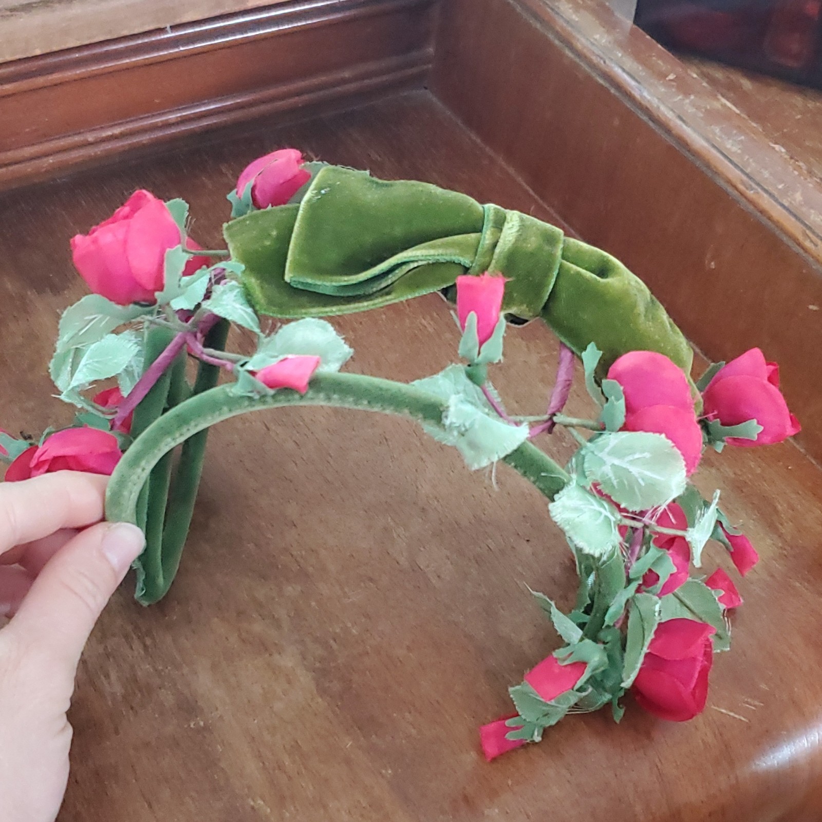 Vintage Saks Fifth Avenue Floral Headband Green Velvet Bow Pink Fabric Flowers