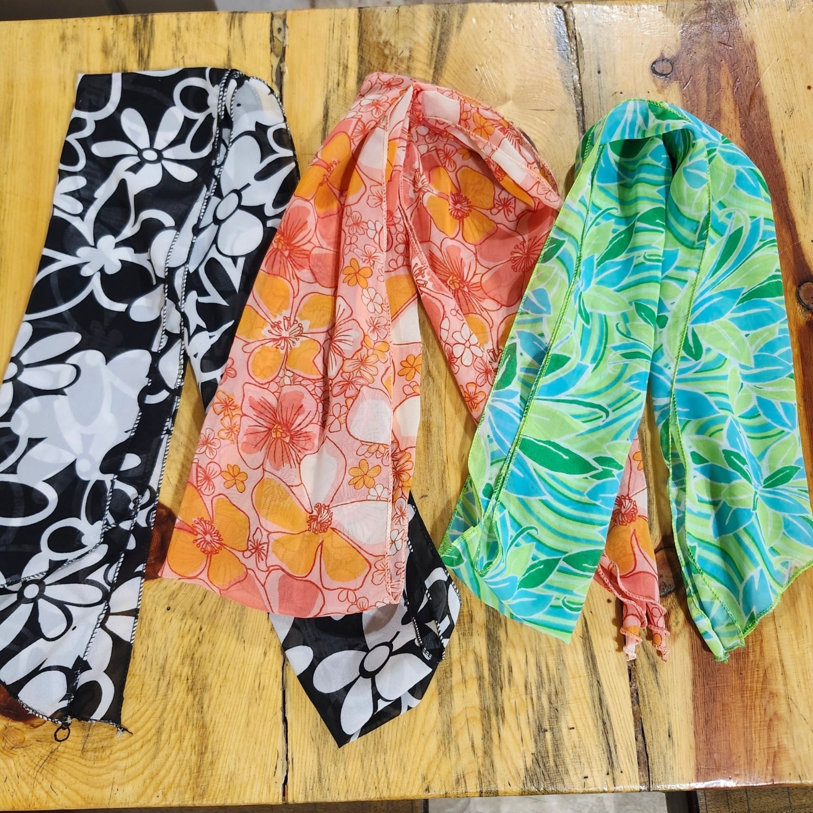 Set of 3 Floral Skinny Head Scarves Sheer Retro Y2K Hair Ties Black/Pink/Blue