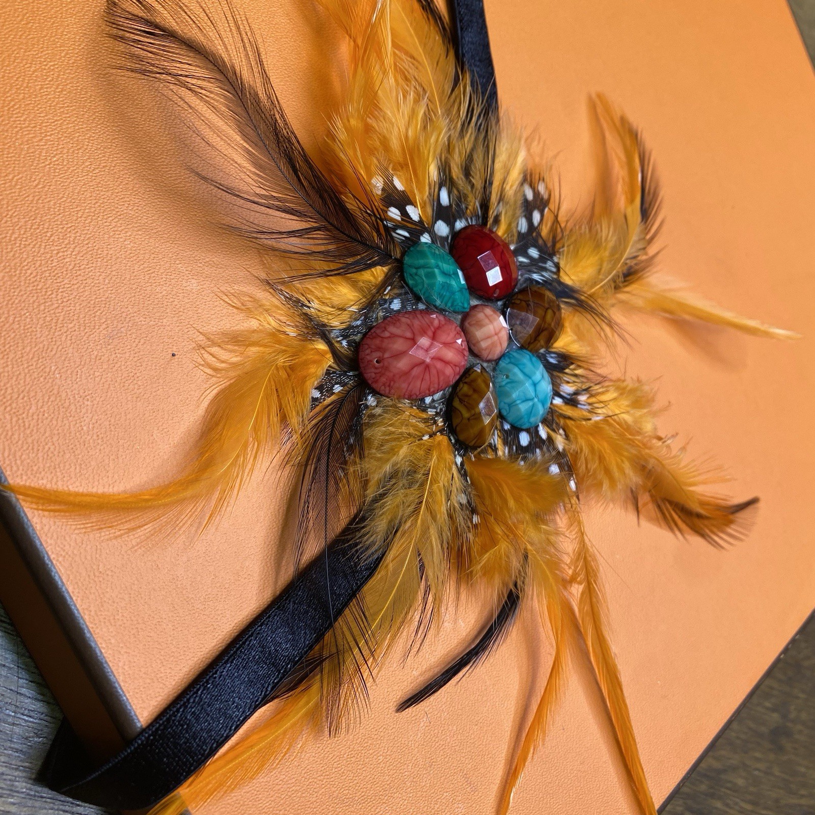Feather Headband Elastic Strap Orange Black Fascinator Boho Hair Accessory