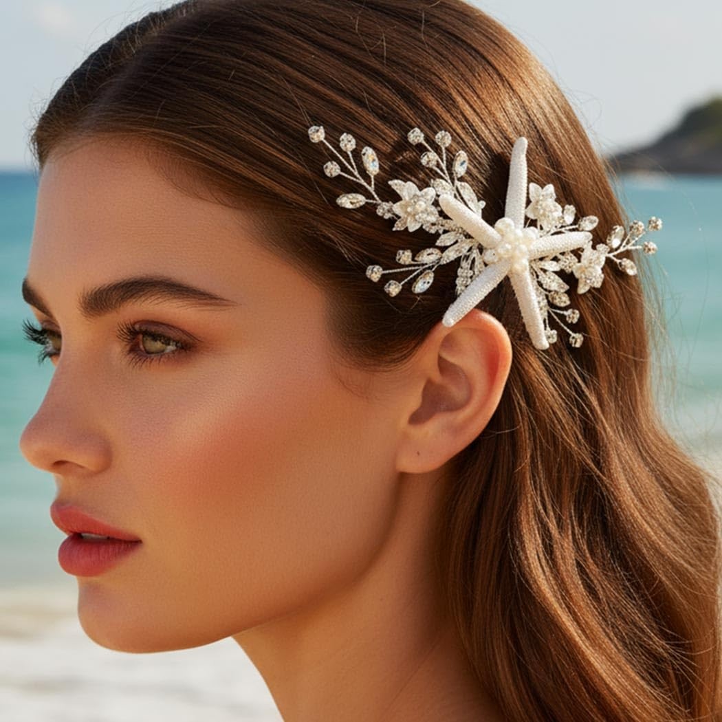 Starfish Bride Wedding Hair Comb Silver Crystal Bridal Piece Pearl Beach