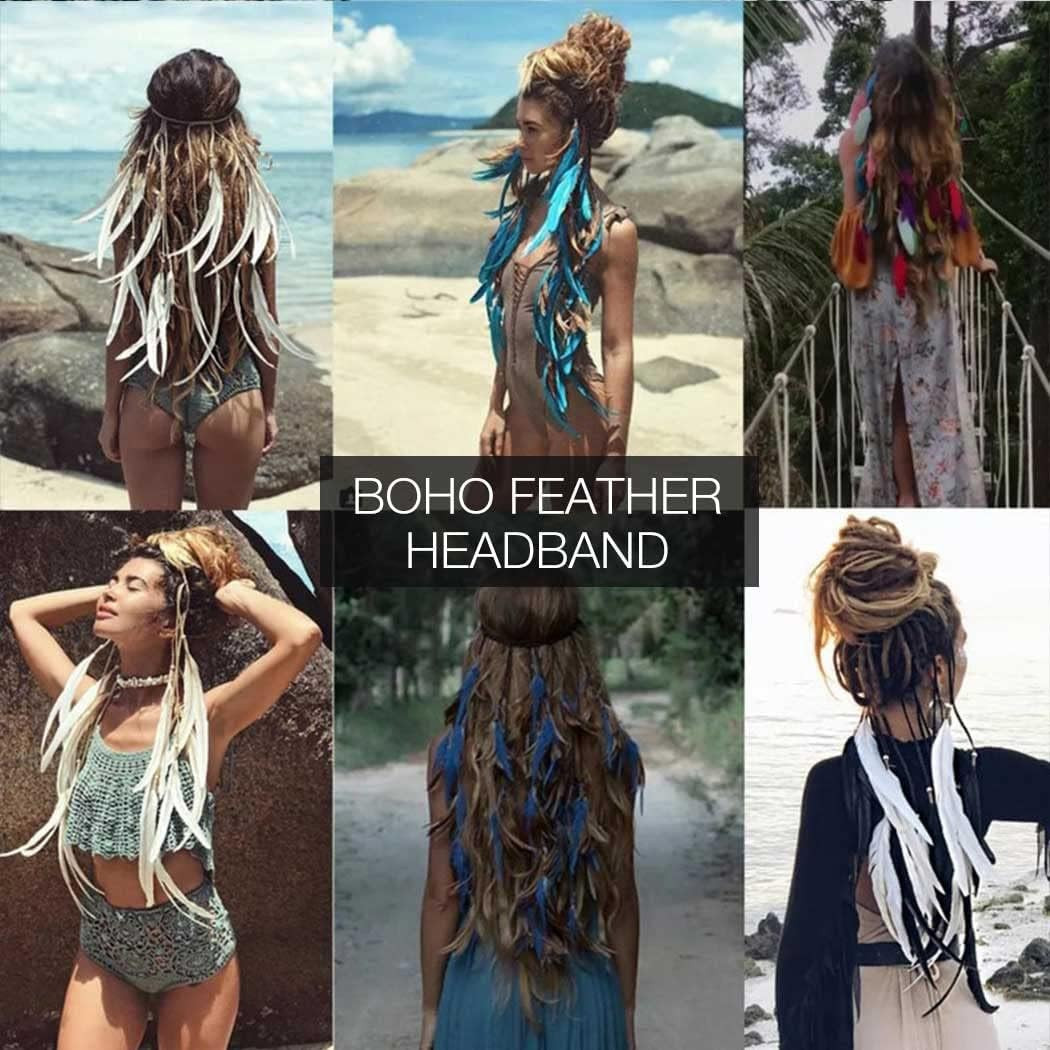 Boho Feather Headband Indian Hippie Headbands White Gypsy Headpiece Bohemian Cos