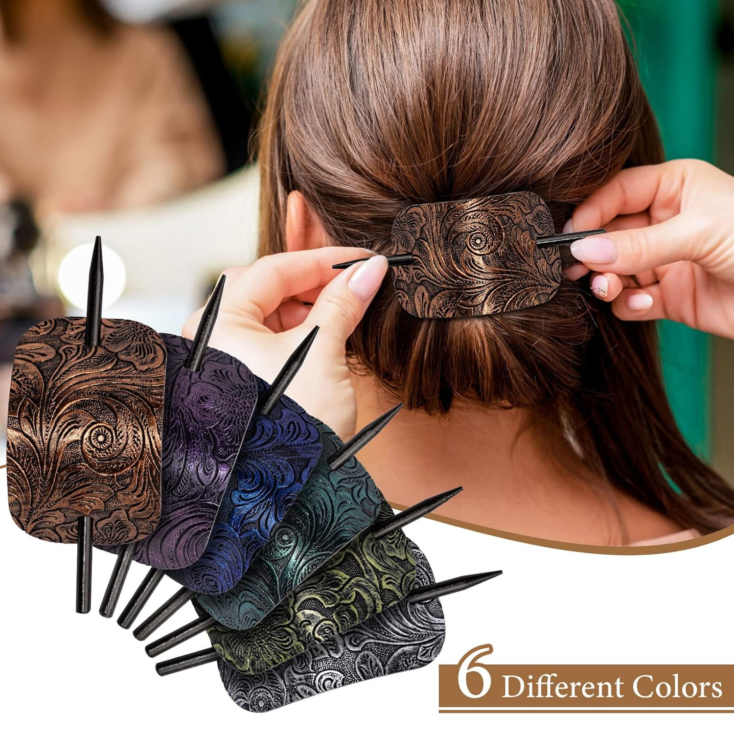 6PCS Leather Hair Barrettes with Stick, Square Shape Hair Accessories Set – Pony