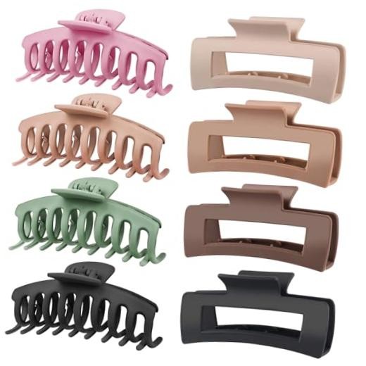 8 Pack Big Hair Claw Clips Assorted A.Beige, Pink, Green, Khaki, Brown, Black