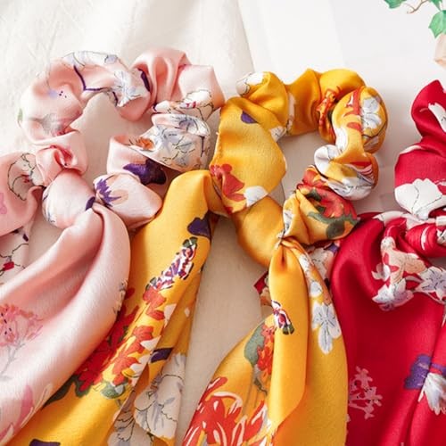 Boho Hair Scarf Scrunchies, 12” Satin Bow Ties Long 1 Count (Pack of 1) Floral