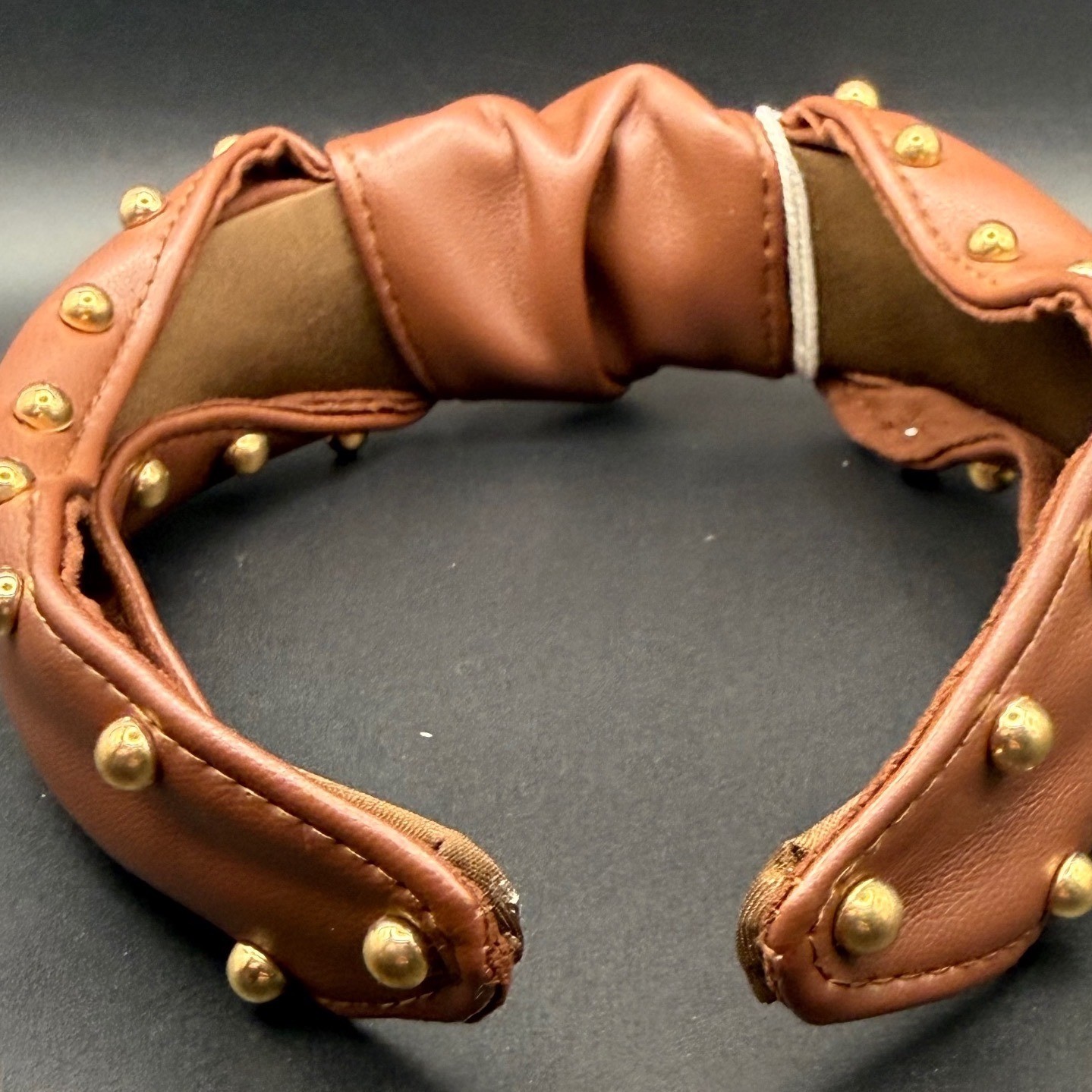 Brown Faux Leather Knotted Headband Gold Studded Detail Cognac Hair Accessory