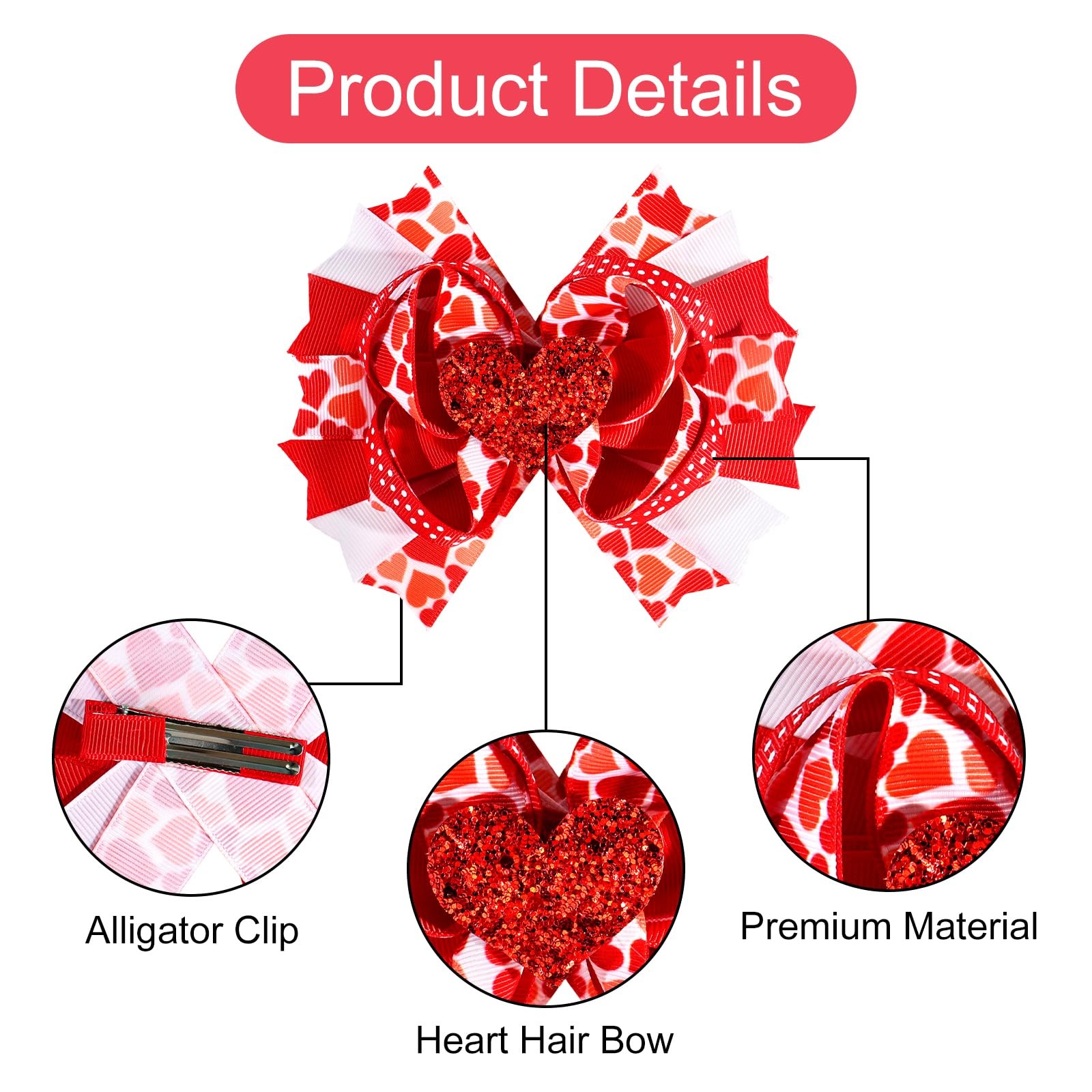 Red Heart Hair Clips Valentines Accessories Women Girls 5.0×5.5 Inch 2 PCS