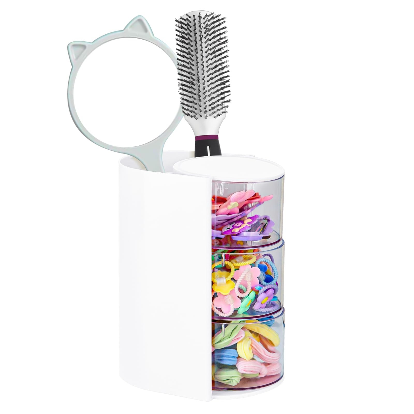 Hair Accessories Organizer with Brush Holder, Rotatable 3-Layer, White