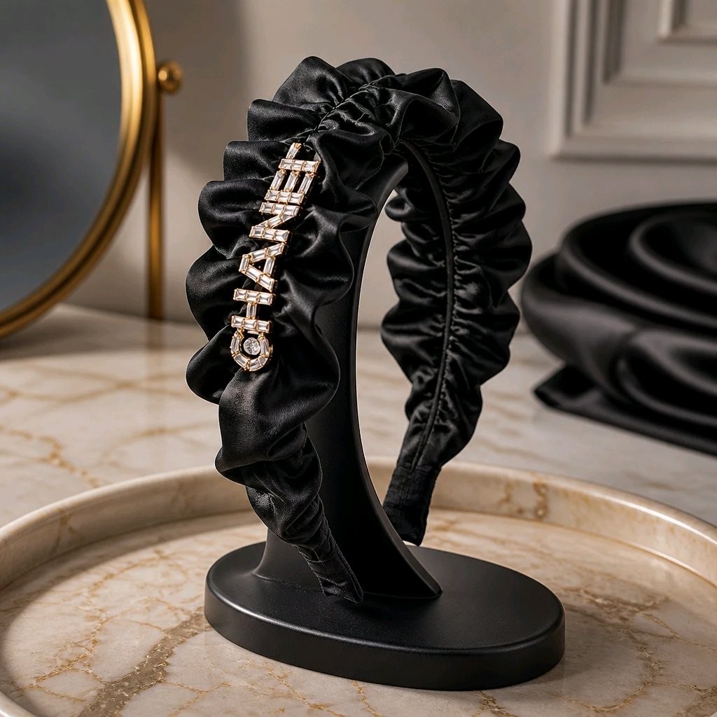 NEW Black Ruffled Satin With Bling Silver Letters Women’s Sexy Headband Wear