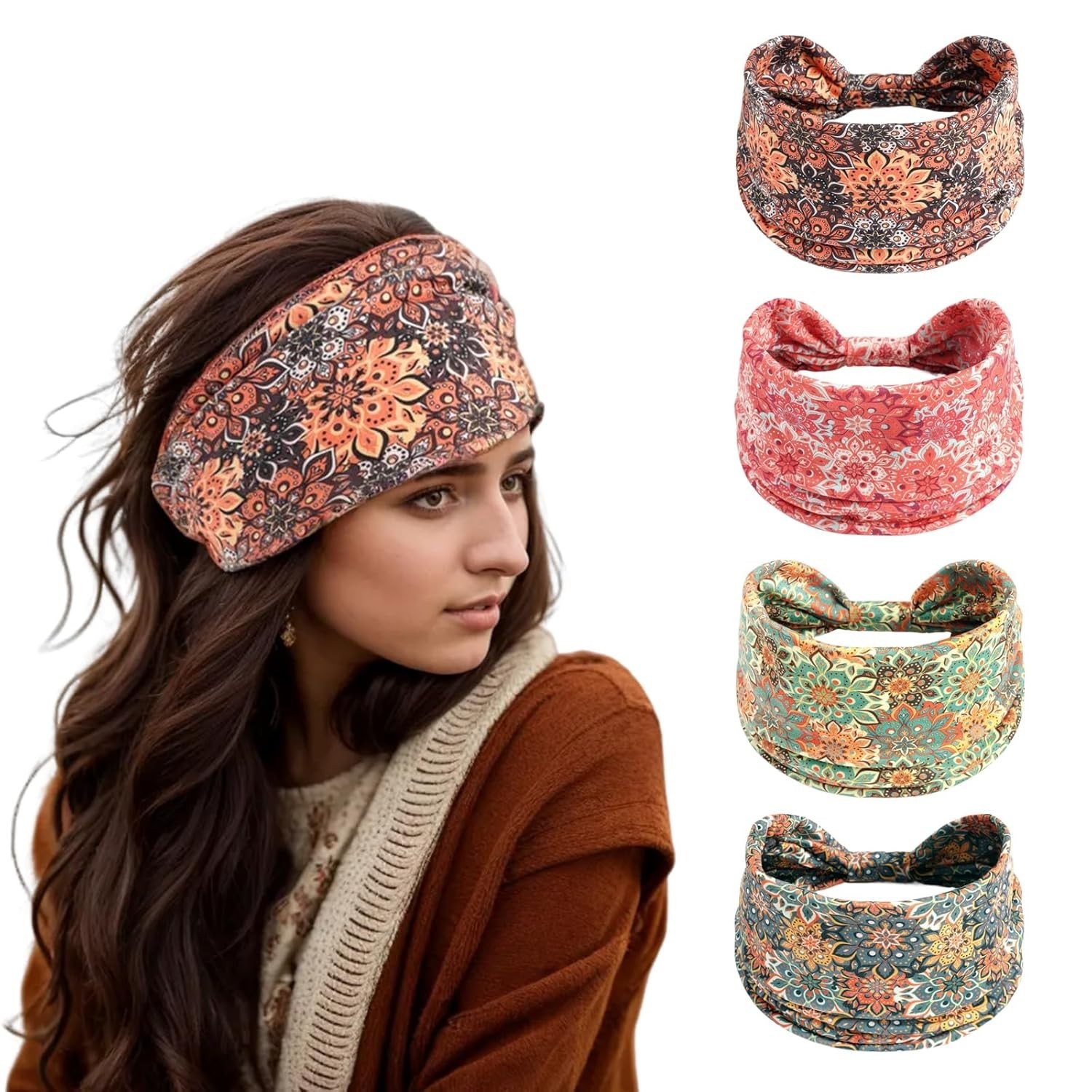 4 Pack Boho Headbands Stretch Paisley Print Bandana tangerine、pink、green、cyan