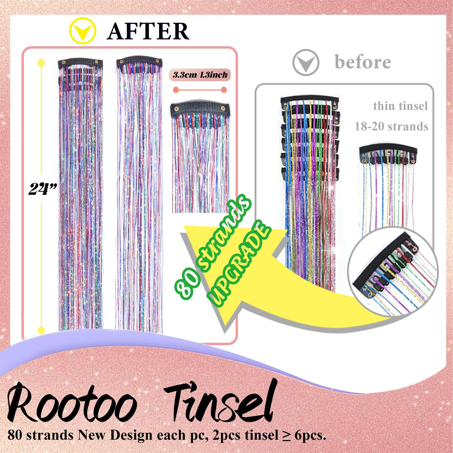 Hair Tinsel Clip in Dreamy Colorful Fairy Hair Tinsel Kit, 12 Pcs 24 Inch Glitte