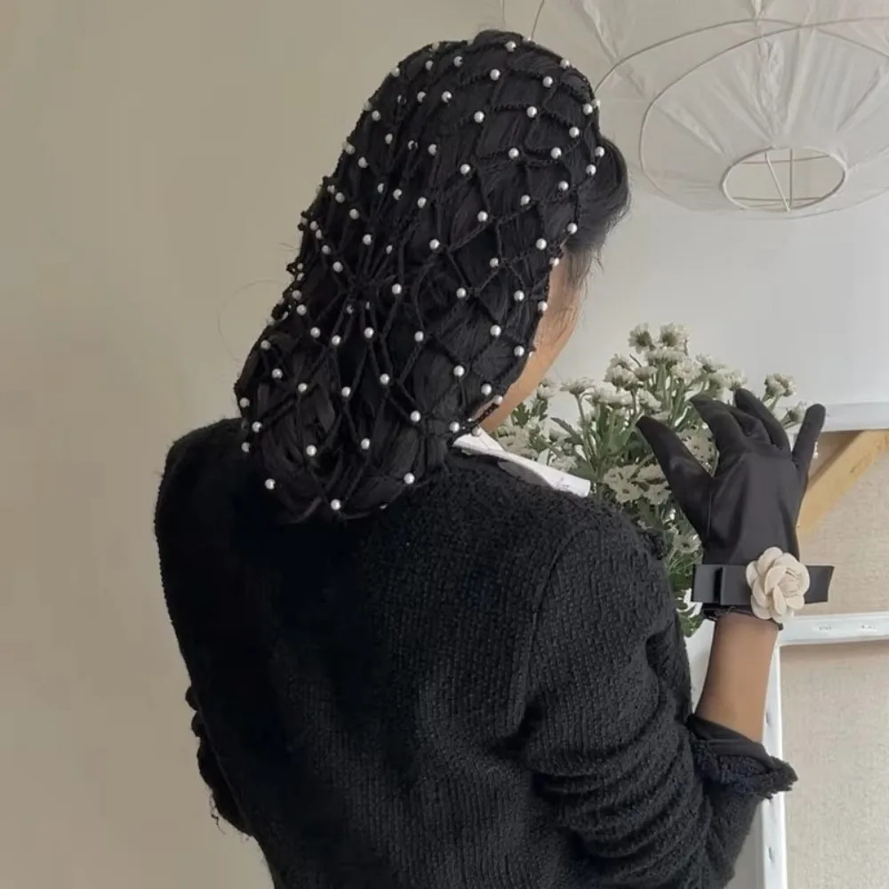 Crochet Hairnet Hair Net French Mesh Fish Net Snood with Pearls Women