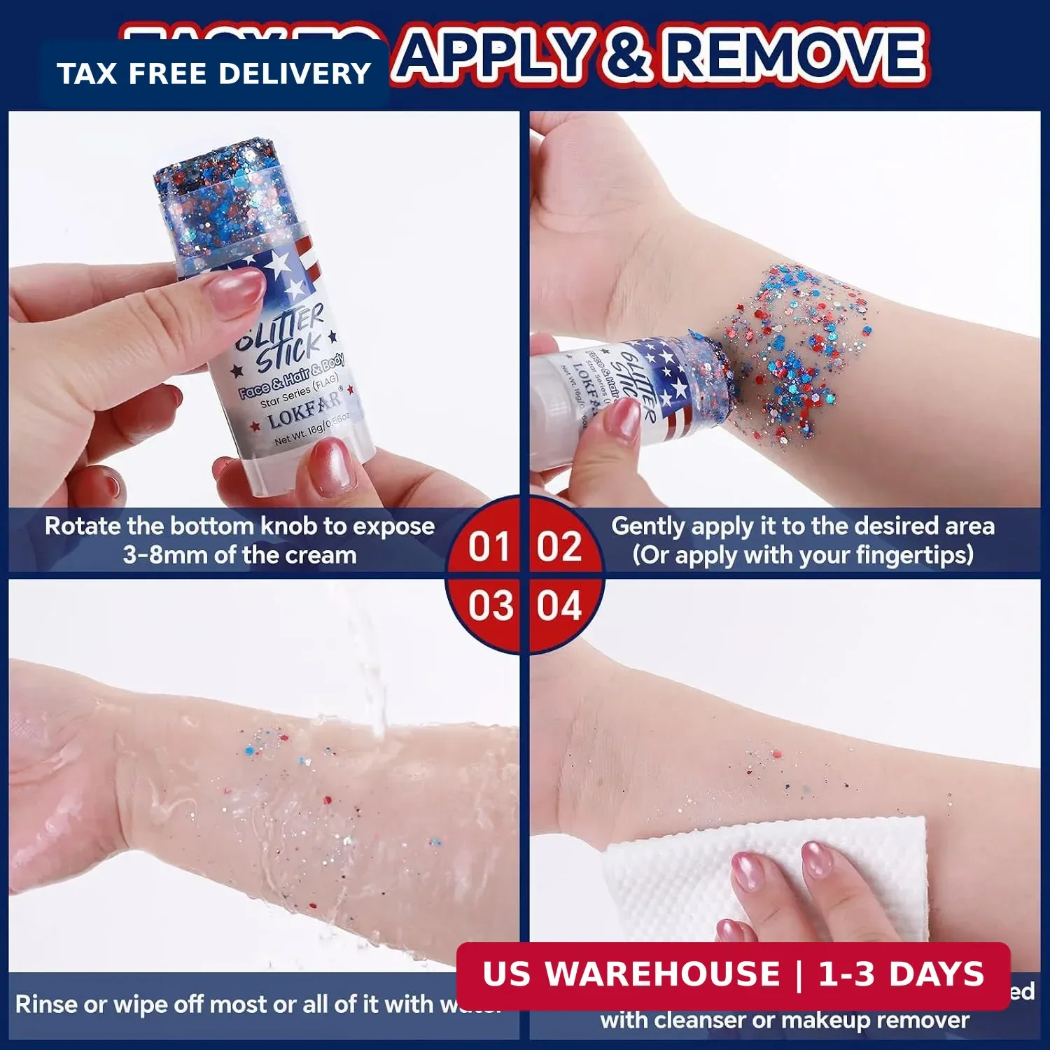 Red White Blue Sparkle Patriotic Glitter Stick – Face Hair Body Glitter, Waterpr