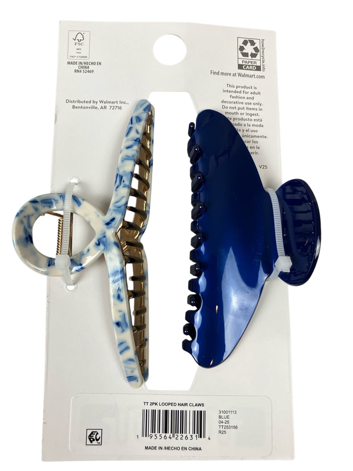 Time and Tru 2 Pack Hair Claws, Looped And Braided PU Hair Claws Blue & Brown